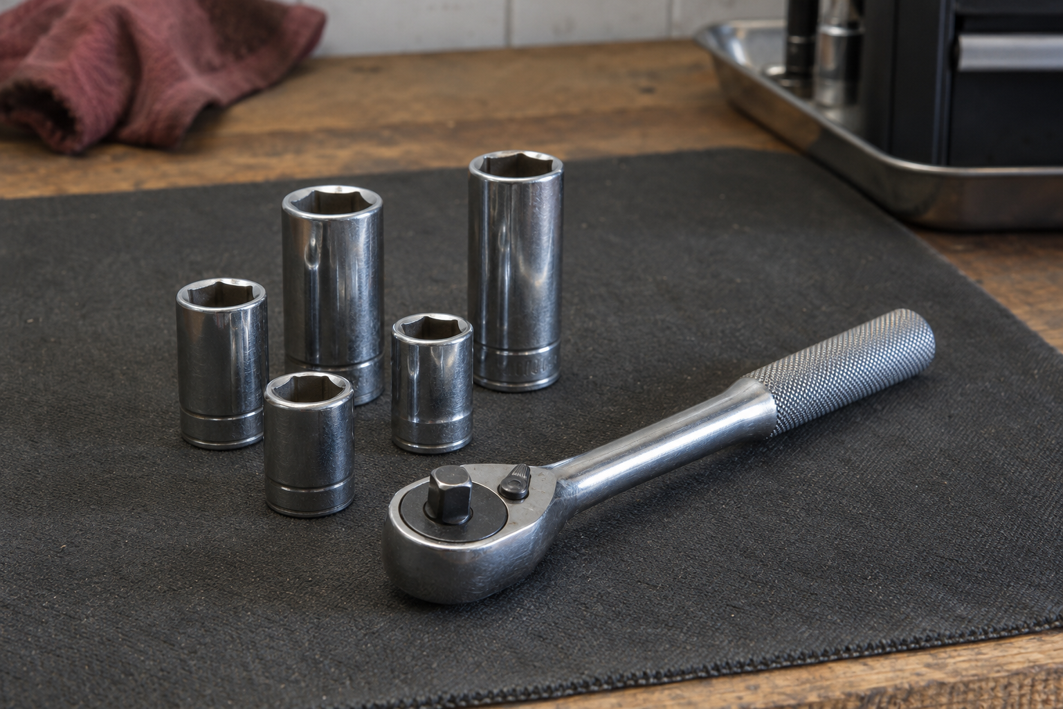 Editorial illustration: ratchet wrench beside an assortment of sockets.