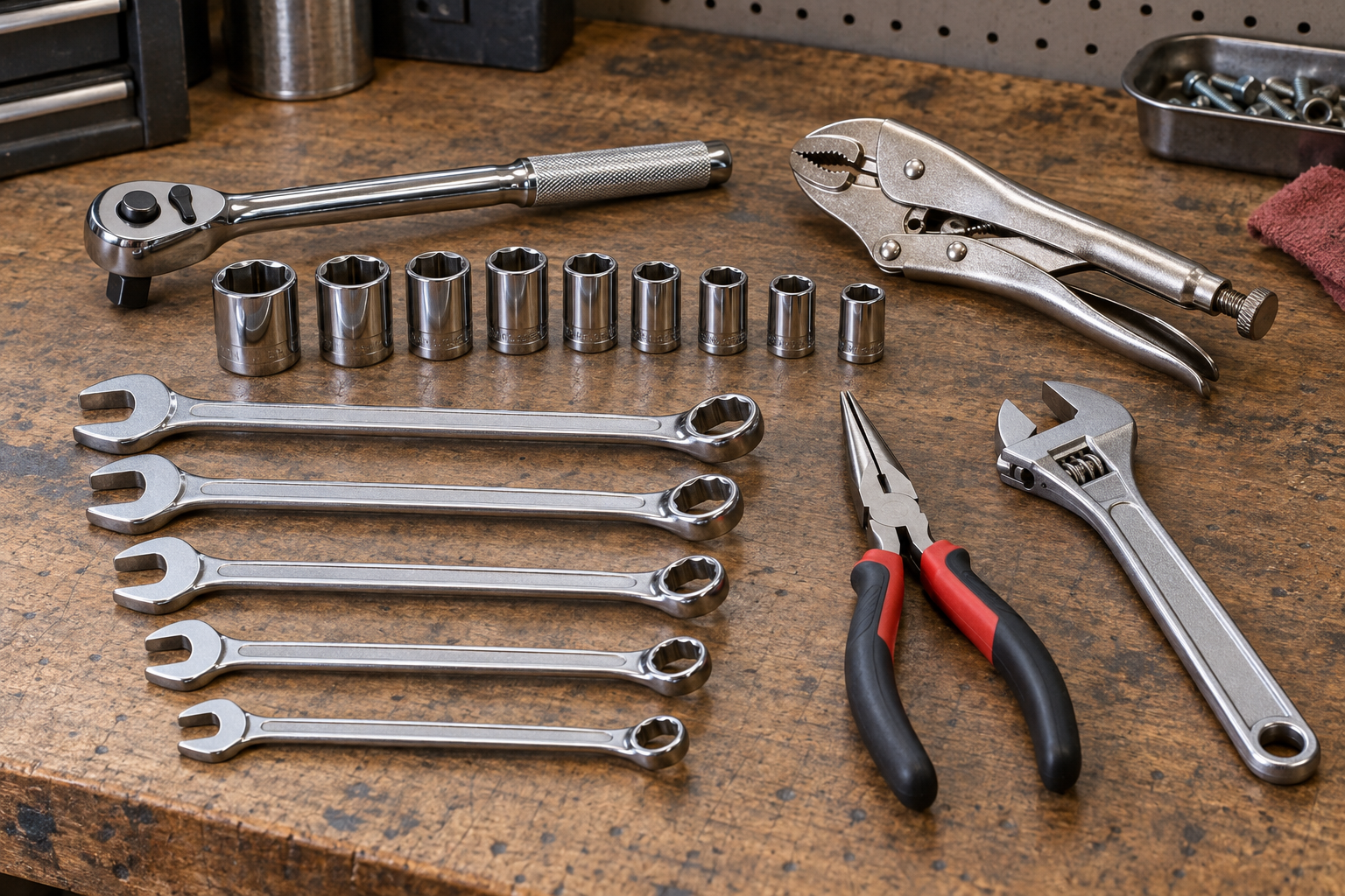 AI-generated editorial illustration of socket wrench pliers assortment