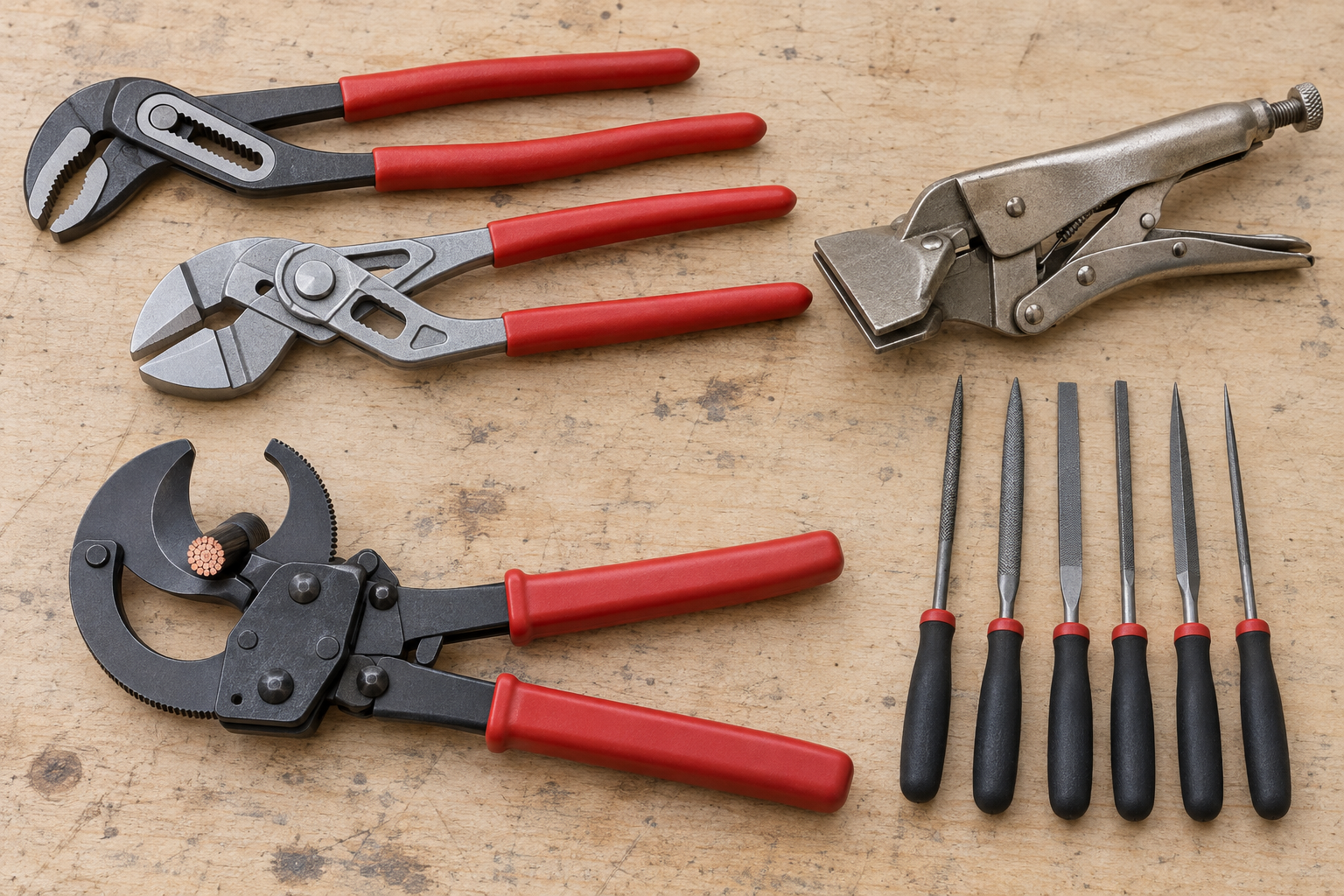 AI-generated editorial illustration of specialized hand pliers and needle files