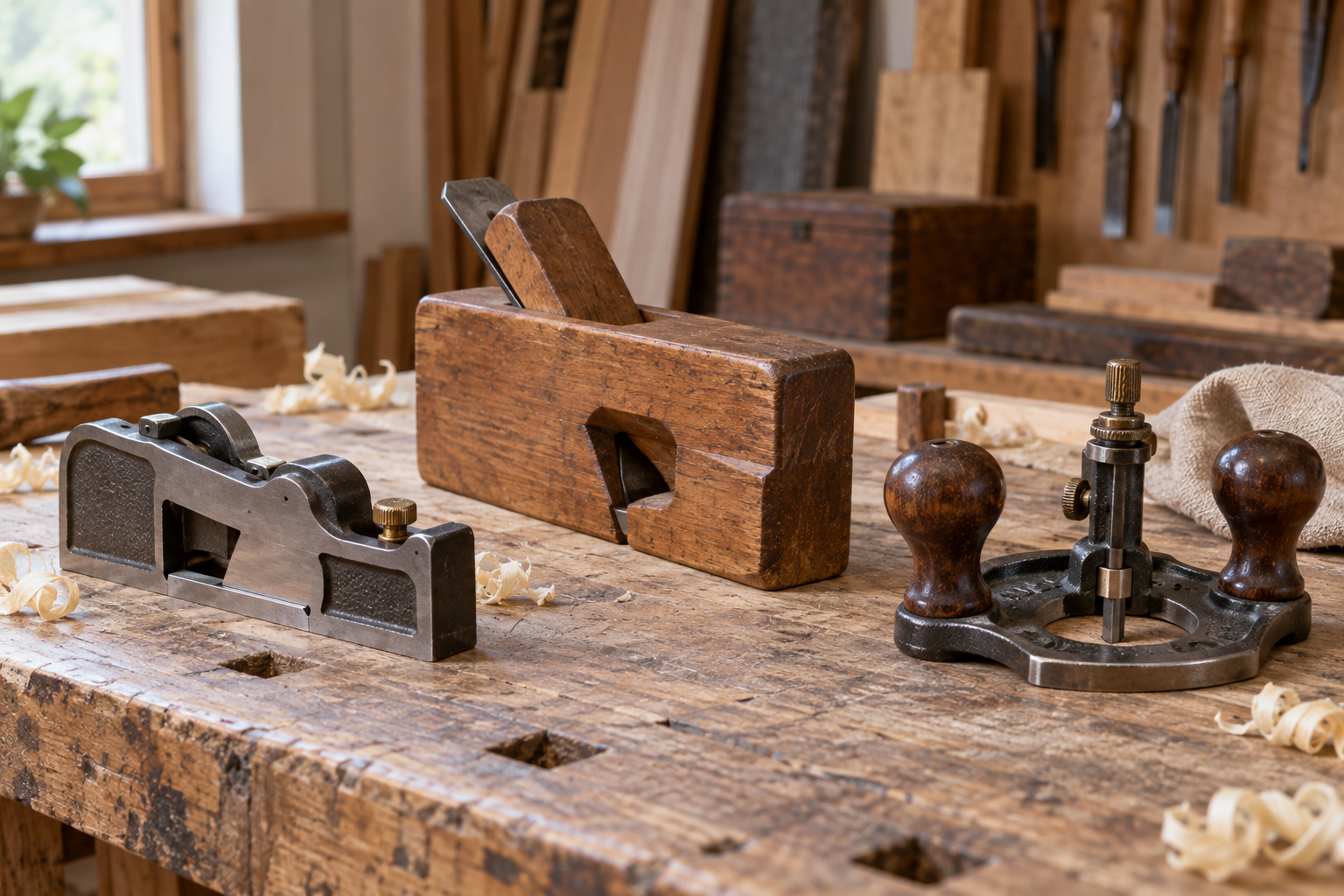 AI-generated editorial illustration of specialty hand planes