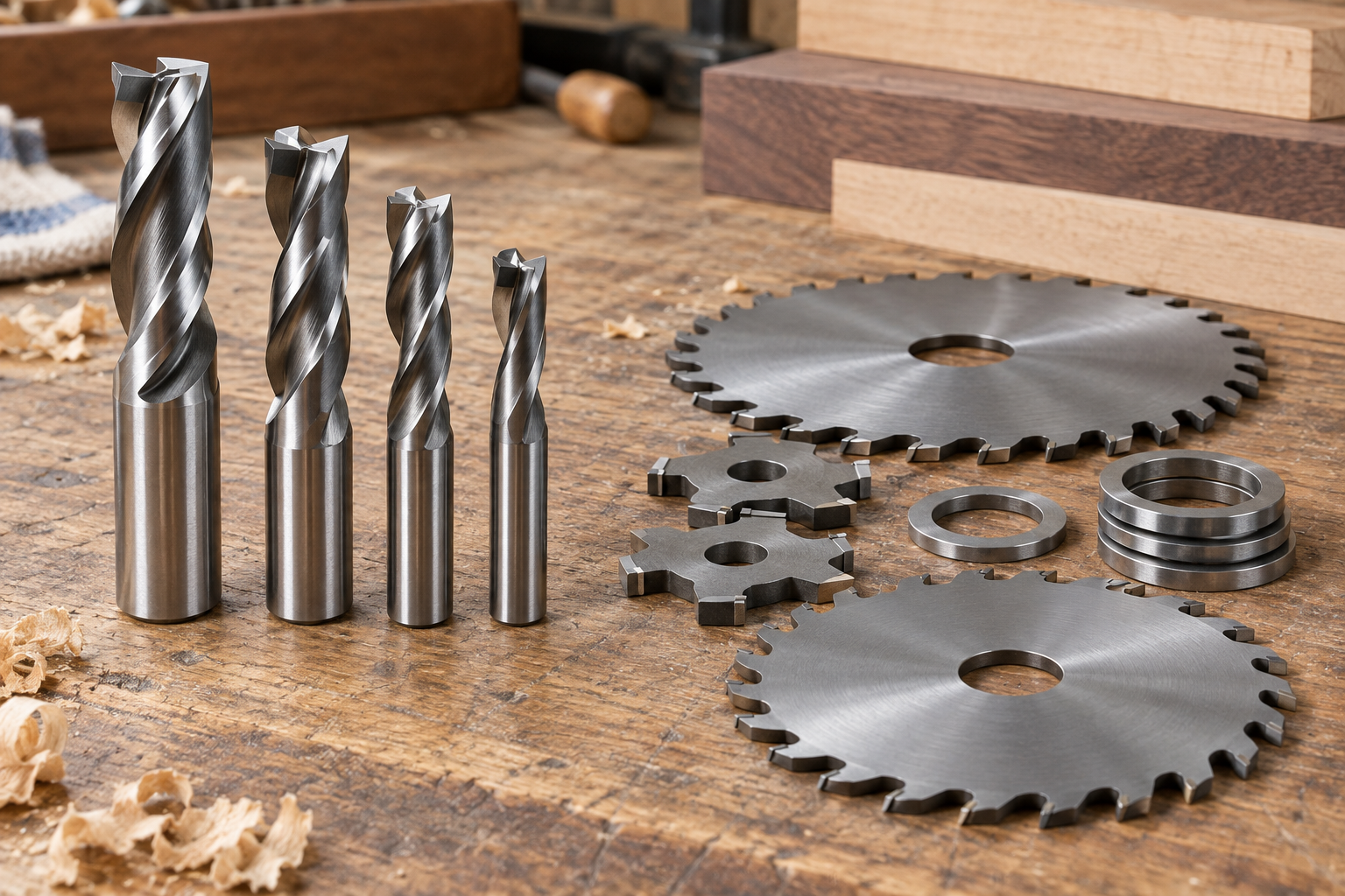 AI-generated editorial illustration of spiral router bits and dado stack