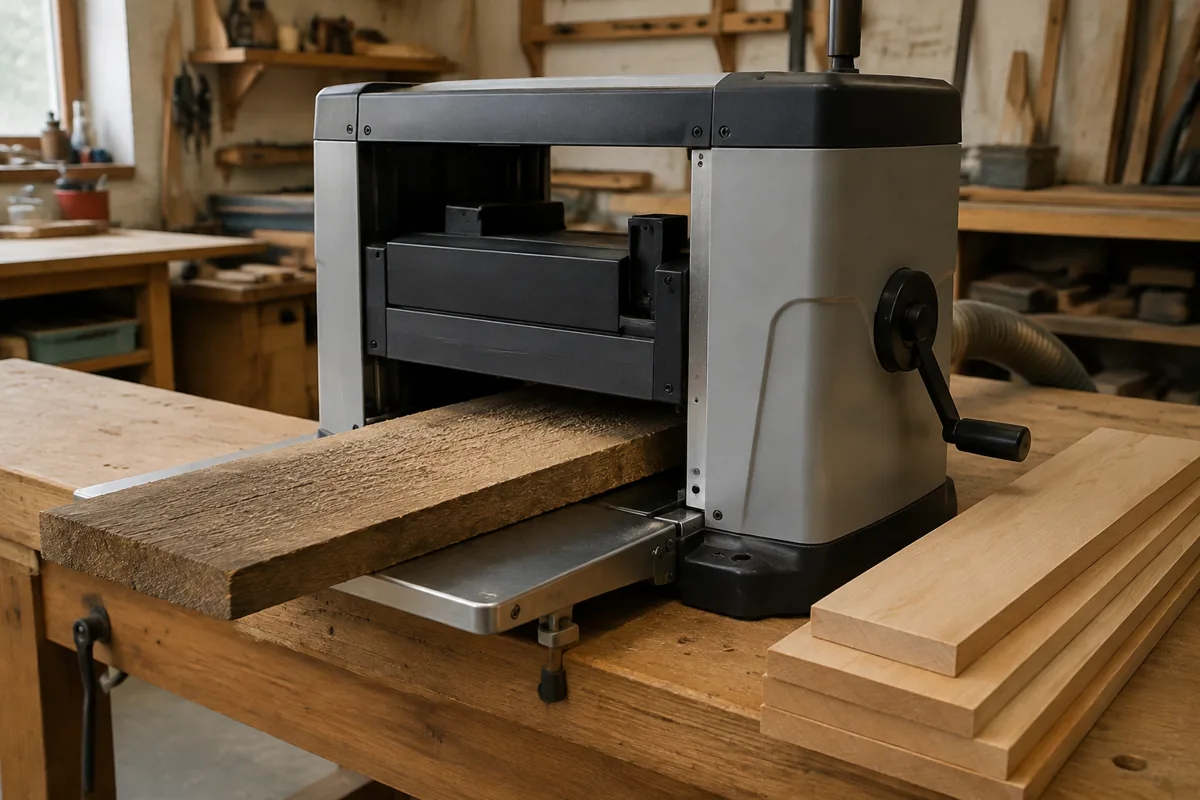 Editorial illustration: benchtop thickness planer with a board at its infeed table.