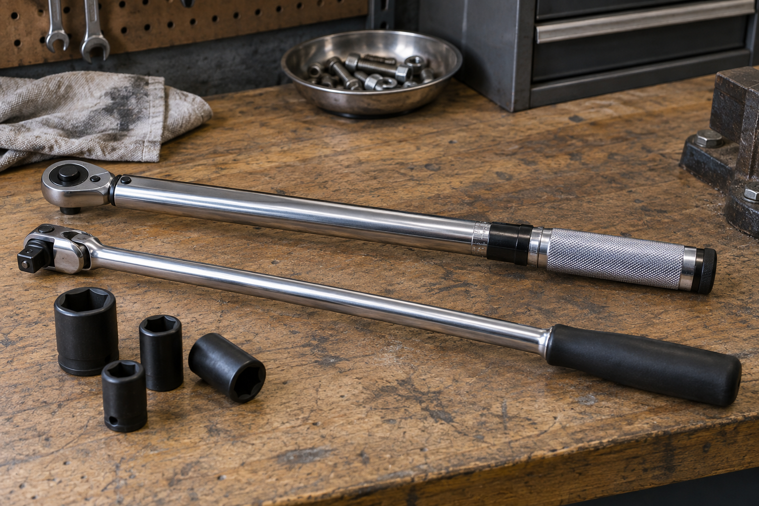 AI-generated editorial illustration of torque wrench and breaker bar
