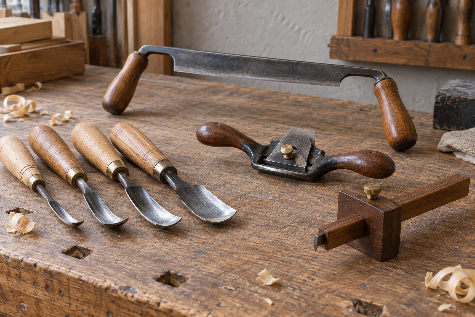 AI-generated editorial illustration of wood carving gouges and drawknife