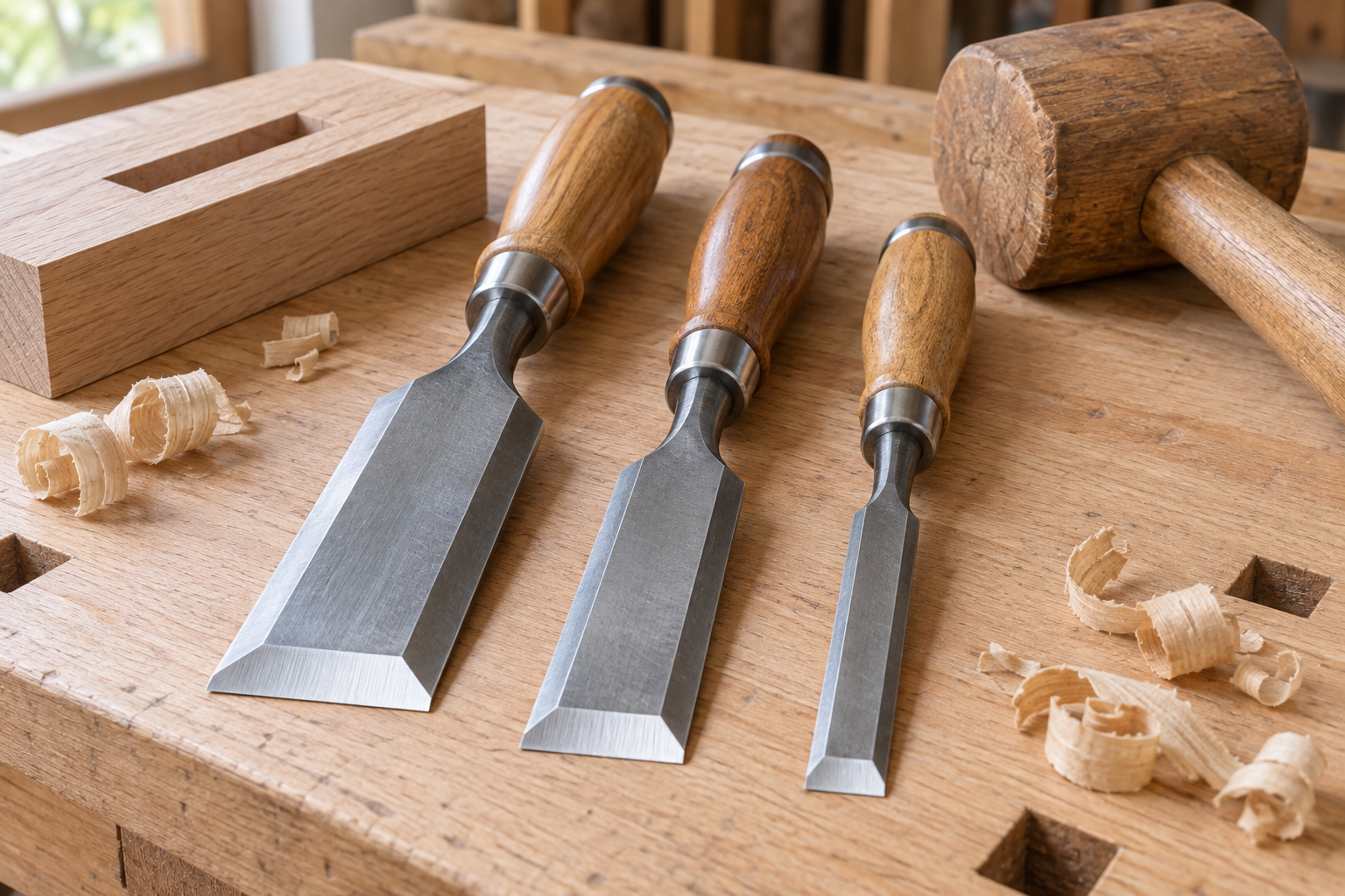 AI-generated editorial illustration of woodworking bench chisels, a wooden mallet and a mortise sample.