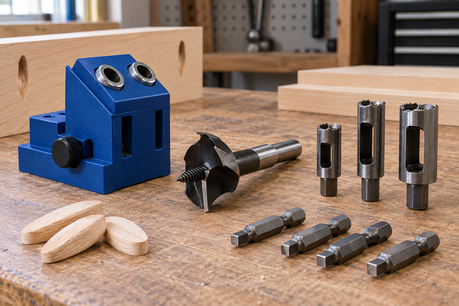 AI-generated editorial illustration of wood drilling and pocket hole accessories