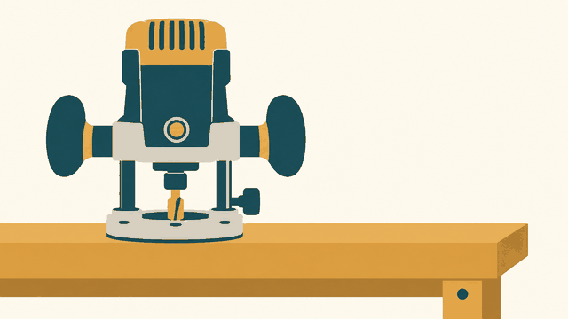 Editorial illustration: woodworking plunge router set down on a wood bench.