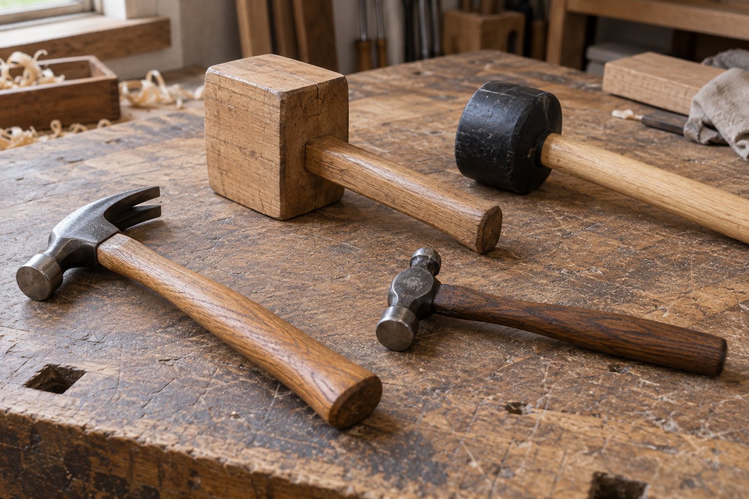 AI-generated editorial illustration of woodworking hammers mallets