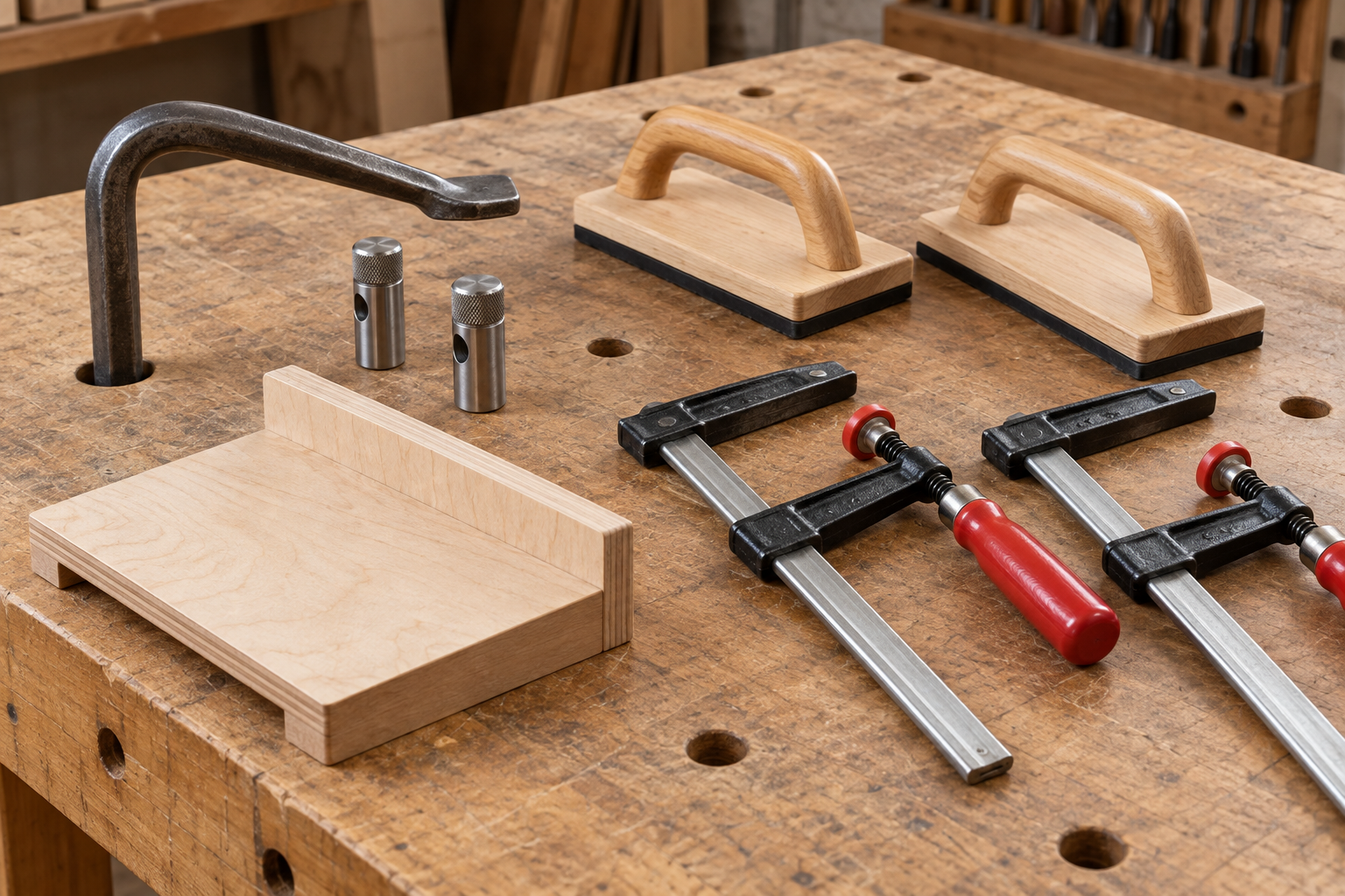 AI-generated editorial illustration of woodworking workholding set