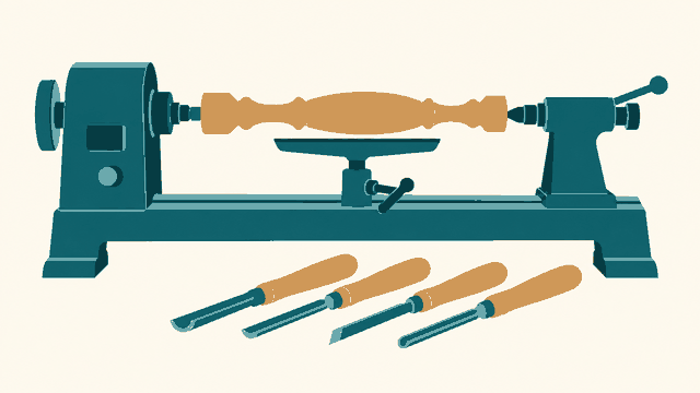 Woodworking lathe with woodturning chisels, switched off — editorial illustration