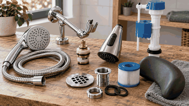 Shower head, hose, extension holder, faucet spray replacement head/cartridge, flush valve, spa filter/headrest, drain and fittings.