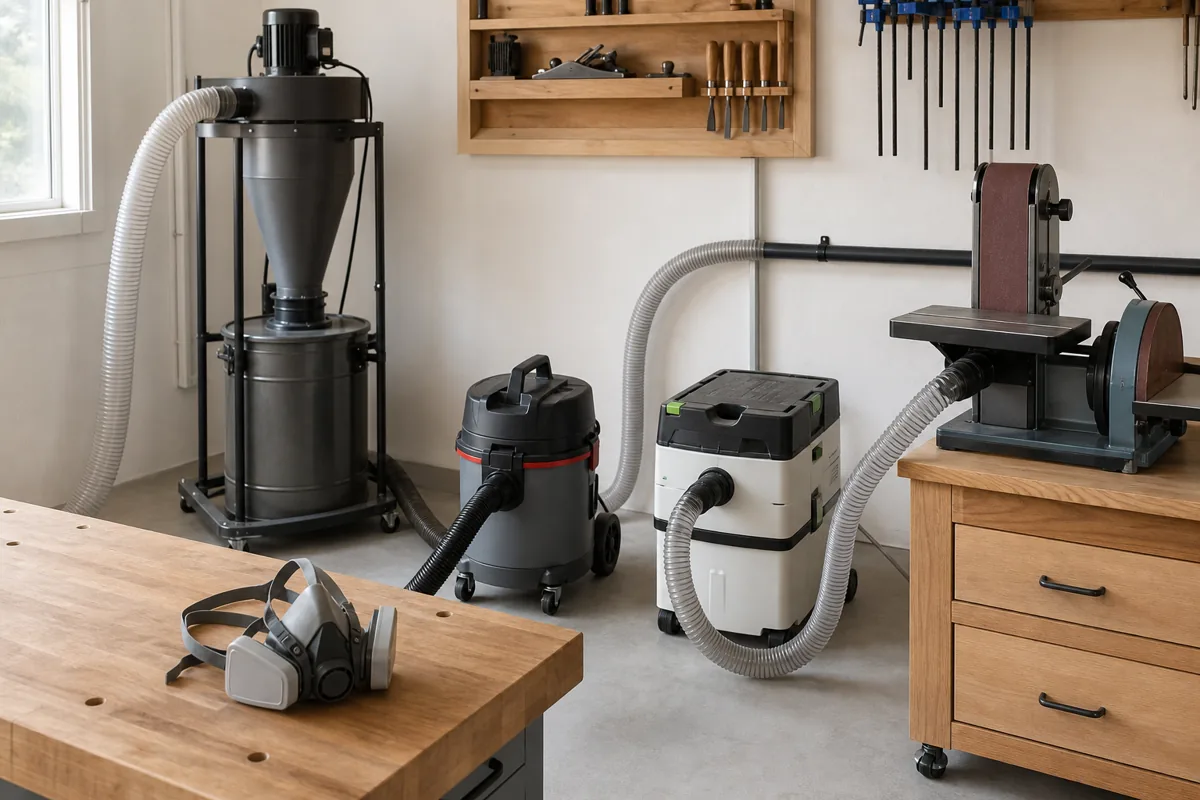 Shop vacuum, dust extractor, cyclone dust collector and a respirator in a woodworking shop